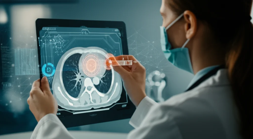 Medical professional analyzing a digital lung CT scan with overlaid AI indicators, a subtle blockchain network graphic visible in the background, macro lens, high detail, precise focusing.