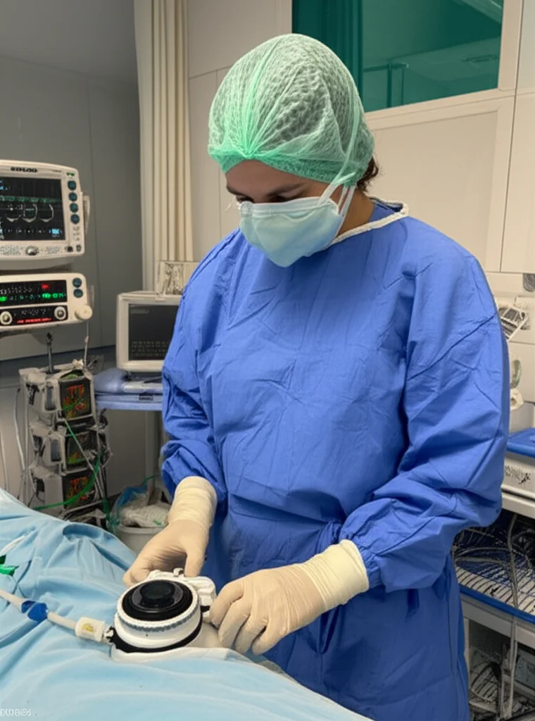 Prime lens, 50mm, depth of field: Un'infermiera di terapia intensiva neurocritica controlla attentamente un sistema di drenaggio ventricolare esterno collegato a un paziente (parzialmente visibile, focus sull'attrezzatura e sulle mani dell'infermiera) in un ambiente di terapia intensiva, illuminazione realistica.