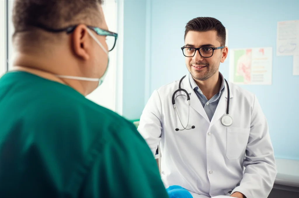 Un medico sorridente e rassicurante parla con un paziente in uno studio medico luminoso dopo un intervento di chirurgia bariatrica. Stile ritratto 35mm, profondità di campo per sfocare leggermente lo sfondo, colori caldi e accoglienti, focus sull'interazione positiva e l'ascolto attivo.