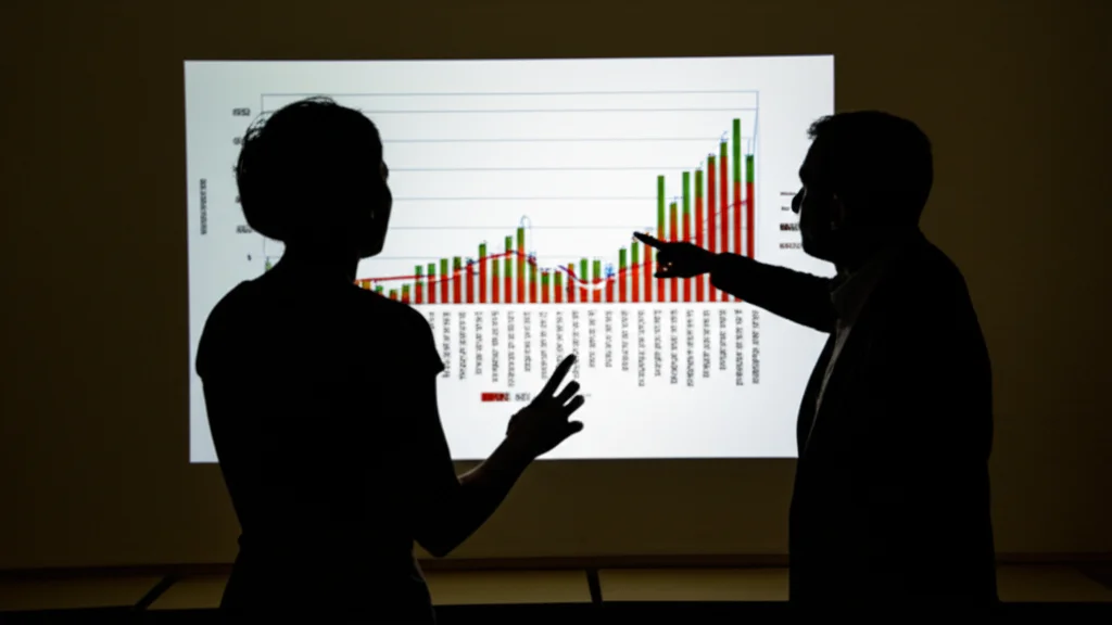 Un uomo e una donna, visti di spalle, guardano un grafico complesso proiettato su un muro in una stanza leggermente buia, simboleggiando l'analisi della qualità della vita legata alla salute e le differenze di genere. Fotografia concettuale, obiettivo grandangolare 24mm, illuminazione drammatica, focus nitido sul grafico.