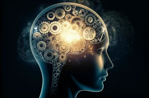 Un'immagine concettuale che rappresenta la complessità della competenza docente in matematica. Un cervello stilizzato con ingranaggi luminosi e simboli matematici (+, -, x, ÷, ∫, ∑) interconnessi, illuminato in modo drammatico con luce laterale. Obiettivo prime 35mm, duotone blu scuro e giallo ocra, profondità di campo che mette a fuoco gli elementi centrali sfocando leggermente i bordi.