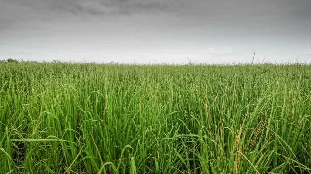 Wide-angle, 15mm, un paesaggio drammatico che mostra una netta demarcazione tra un ecosistema nativo sano e un'area invasa da una fitta e uniforme specie vegetale aliena, lunga esposizione per nuvole soffici, messa a fuoco nitida sul fronte dell'invasione.
