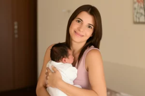 Donna over 35 sorridente che tiene in braccio un neonato, simbolo di successo della FIVET in età avanzata, fotografia ritratto con obiettivo 50mm, luce calda e naturale, sfondo leggermente sfocato, espressione di gioia e realizzazione.