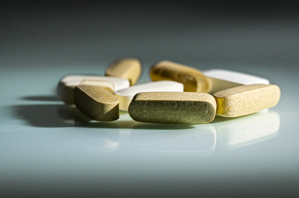 Immagine macro ad alto dettaglio di compresse farmaceutiche innovative, alcune di colore chiaro e altre leggermente più scure per simboleggiare la vecchia e la nuova formulazione, su una superficie pulita e riflettente di un tavolo da laboratorio. Un fascio di luce direzionale illumina selettivamente le compresse più nuove. Obiettivo macro 100mm, illuminazione da studio precisa per evidenziare la texture e la forma delle compresse, sfondo leggermente sfocato per mantenere il focus sui farmaci.
