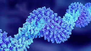 Macro fotografia, 100mm lens, di una stilizzazione artistica del virus HIV intrappolato e 'bloccato' da strutture molecolari luminose (rappresentanti ZL0580 e LEDGINs) su uno sfondo scuro che simboleggia il DNA cellulare. High detail, precise focusing, con un duotone blu e viola per un'atmosfera scientifica e futuristica.