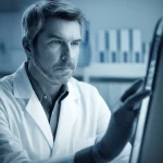 Portrait photography, 35mm portrait, depth of field, blue and grey duotones: A thoughtful medical researcher examining data on a screen, representing the study of advanced breast cancer treatments.