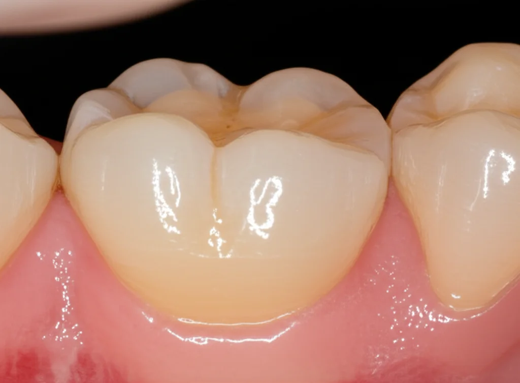 Primo piano di un dente incisivo mascellare sano e vitale, con luce che ne evidenzia la traslucenza naturale, simboleggiando il successo della rigenerazione endodontica, fotografia macro 80mm, profondità di campo ridotta per isolare il dente.