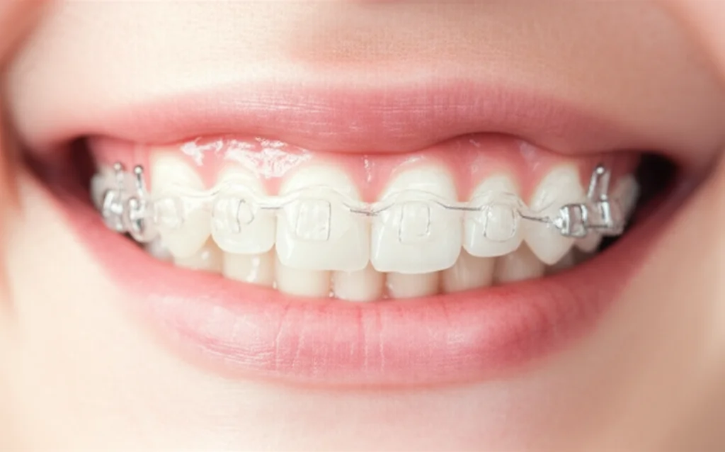 Primo piano di un sorriso radioso con un apparecchio ortodontico invisibile trasparente perfettamente adattato ai denti, con un effetto grafico sovrapposto che mostra una micrografia stilizzata del microambiente parodontale sano, con cellule immunitarie bilanciate (Th17 e Treg) e osso alveolare in rigenerazione, luce naturale morbida e brillante, profondità di campo che sfoca leggermente lo sfondo, focale 35mm, per simboleggiare l'armonia tra estetica avanzata e salute parodontale profonda.