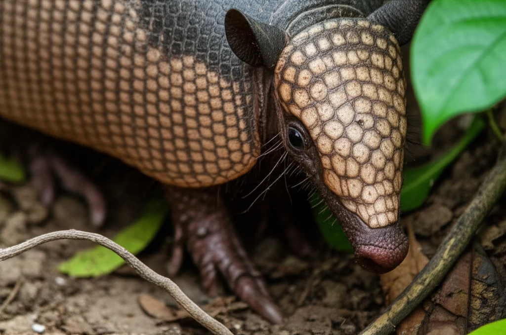 Primo piano macro di un armadillo (Euphractus sexcinctus) in un ambiente di foresta tropicale brasiliana, con particolare attenzione alla texture del suo carapace e al terreno circostante. Illuminazione controllata per evidenziare i dettagli, obiettivo macro 60mm, messa a fuoco precisa sull'occhio dell'animale, per simboleggiare il serbatoio della malattia e il rischio zoonotico legato alla caccia.