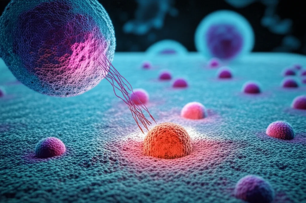 Un'immagine concettuale che mostra l'interazione sinergica di due composti terapeutici (SH003 e DTX) con cellule tumorali polmonari, evidenziando l'infiltrazione di cellule immunitarie (linfociti T CD8+ e cellule NK) e la riduzione del tumore. Macro lens, 90mm, high detail, precise focusing, con un leggero effetto bokeh per enfatizzare l'area di interazione in un contesto di laboratorio high-tech.