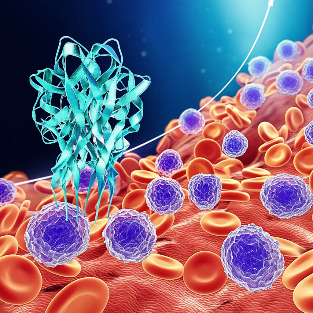 Visualizzazione artistica di cellule staminali ematopoietiche sane che sostituiscono cellule leucemiche in un ambiente midollare, con una molecola di ruxolitinib stilizzata che interagisce con un recettore cellulare. Sfondo con un grafico ascendente che simboleggia la speranza e il successo terapeutico. Obiettivo macro 60mm, illuminazione controllata e precisa per evidenziare i dettagli molecolari e cellulari.