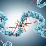 Visualizzazione artistica e scientifica della proteina PTBP1 che interagisce con un filamento di RNA per promuovere la formazione di un RNA circolare (circRNA) all'interno di una cellula. Dettagli molecolari visibili, con un focus sull'interazione proteina-RNA. Illuminazione da studio che enfatizza la tridimensionalità delle molecole, obiettivo macro 105mm, alta definizione, sfondo blu e grigio duotone per un look sofisticato.