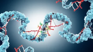Visualizzazione artistica e scientifica della proteina PTBP1 che interagisce con un filamento di RNA per promuovere la formazione di un RNA circolare (circRNA) all'interno di una cellula. Dettagli molecolari visibili, con un focus sull'interazione proteina-RNA. Illuminazione da studio che enfatizza la tridimensionalità delle molecole, obiettivo macro 105mm, alta definizione, sfondo blu e grigio duotone per un look sofisticato.