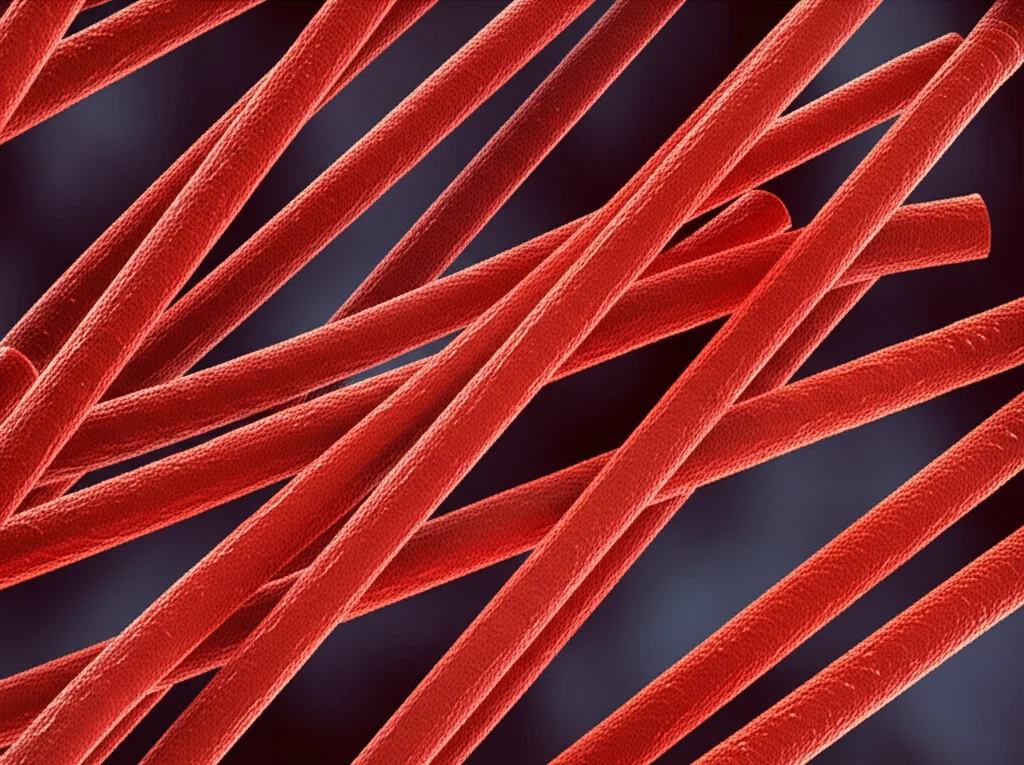 Visualizzazione fotorealistica di nanobarre di ematite rosso-brunastre che adsorbono selettivamente ioni di arsenico (rappresentati come piccole sfere grigie) da una soluzione acquosa contaminata. L'immagine dovrebbe avere una profondità di campo ridotta per mettere a fuoco le nanobarre e gli ioni interagenti, con uno sfondo che suggerisce un ambiente di trattamento delle acque. Obiettivo macro 60mm, alta definizione, illuminazione precisa.