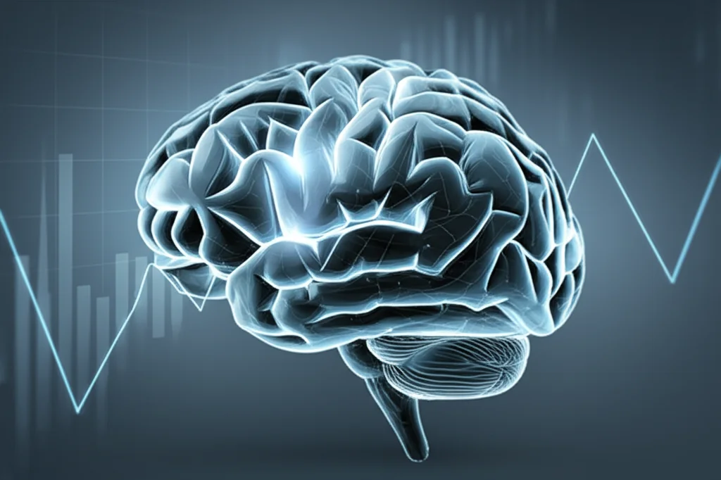Immagine concettuale del paradosso dei lipidi: un cervello stilizzato con aree luminose che indicano attività, sovrapposto a grafici di livelli lipidici che mostrano andamenti inaspettati. Utilizzare un obiettivo prime da 50mm con profondità di campo per mettere a fuoco il cervello e sfocare leggermente i grafici, colori duotone freddi come blu e grigio per un'atmosfera scientifica.