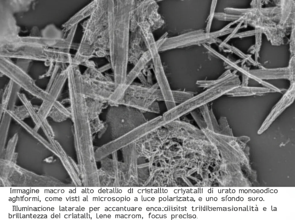Immagine macro ad alto dettaglio di cristalli di urato monosodico aghiformi, come visti al microscopio a luce polarizzata, su uno sfondo scuro. Illuminazione laterale per accentuare la tridimensionalità e la brillantezza dei cristalli, lente macro 100mm, focus preciso.