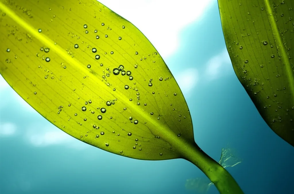 Macro fotografia di un tallo di alga verde Ulva illuminato controluce in ambiente marino, obiettivo macro 60mm, alta definizione, per evidenziare la struttura cellulare e la traslucenza verde brillante, con bollicine d'aria intrappolate sulla superficie.