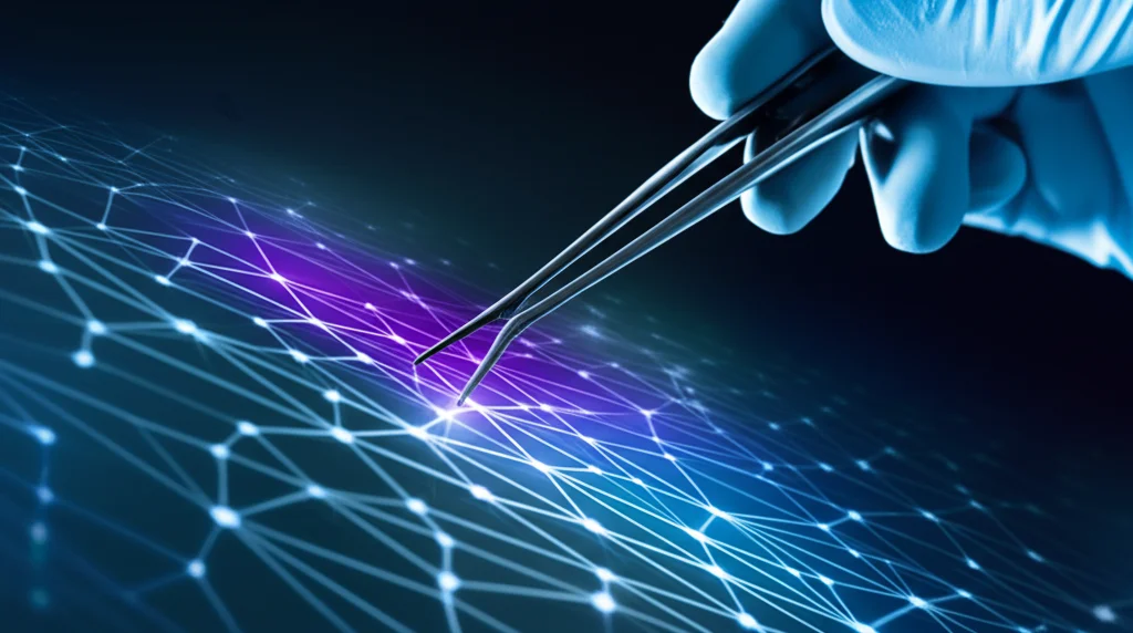 Macro shot, mani guantate di un chirurgo che tengono con precisione strumenti chirurgici sottili sopra un grafico astratto e luminoso che rappresenta dati di rischio complessi, simboleggiando l'intersezione tra abilità chirurgica e analisi dei dati. Lente macro 100mm, illuminazione controllata e drammatica, alta definizione, focus nitido sulle mani e sugli strumenti, sfondo scuro e sfocato.