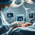 Medico esegue un'ecografia addominale su un neonato in terapia intensiva, luce soffusa, attrezzature mediche sullo sfondo, prime lens 35mm, depth of field.