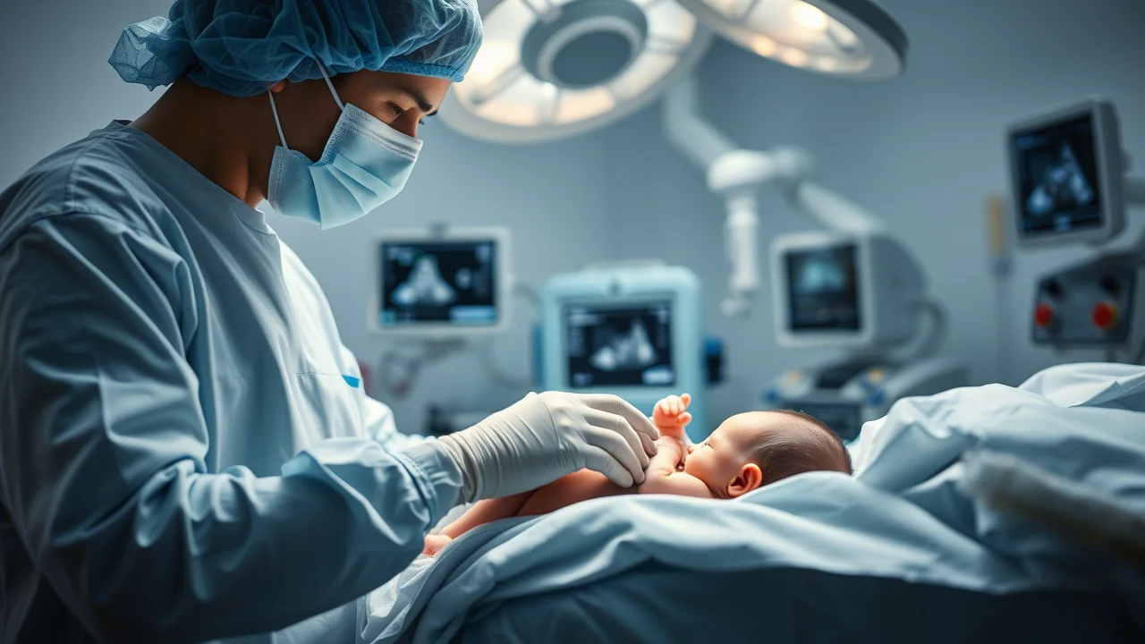 Medico esegue un'ecografia addominale su un neonato in terapia intensiva, luce soffusa, attrezzature mediche sullo sfondo, prime lens 35mm, depth of field.