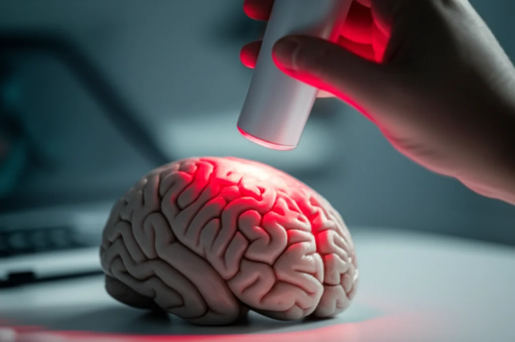 Photorealistic image of a hand holding a device emitting red light over a stylized brain model, 35mm portrait, depth of field.
