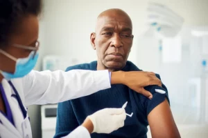 Photorealistic portrait photography, 35mm lens, depth of field, showing a thoughtful patient with multiple myeloma receiving a flu vaccination from a healthcare professional in a clinic setting, controlled lighting, high detail.