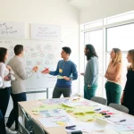 Un gruppo di cittadini olandesi e funzionari municipali in una sessione di brainstorming collaborativo per un progetto di sanità connessa. Ambiente luminoso, lavagna con idee, espressioni concentrate. Fotografia di gruppo, obiettivo prime da 35mm, profondità di campo, colori vivaci ma naturali.