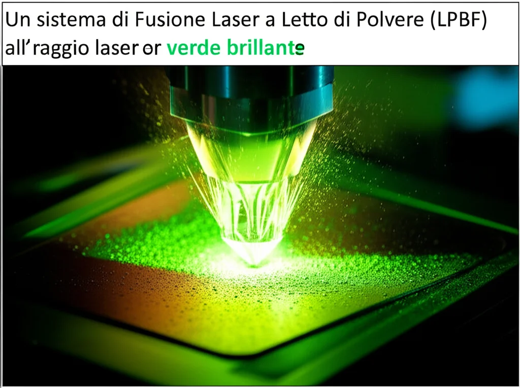Un sistema di Fusione Laser a Letto di Polvere (LPBF) all'avanguardia con un raggio laser verde brillante focalizzato su un letto di polvere di rame puro. Dettagli macro della zona di fusione, con scintille e particelle di polvere illuminate, illuminazione controllata per evidenziare la precisione del processo. Obiettivo macro, 60mm.