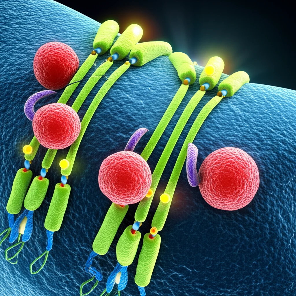 Visualizzazione artistica fotorealistica di una sinapsi neuronale. Molecole di glutammato (sfere rosse) si legano a recettori ionotropici (strutture complesse blu/verdi) sulla membrana di un neurone postsinaptico. All'interno del neurone, una cascata di segnali (frecce luminose) porta al rilascio di ioni zinco (sfere gialle brillanti) da proteine di legame (strutture viola). Effetto profondità di campo, illuminazione drammatica che evidenzia i segnali, dettaglio molecolare elevato.