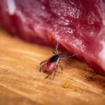 A photorealistic image, 60mm macro lens, high detail, precise focusing, showing a small tick near a piece of red meat on a wooden surface, highlighting the connection between ticks and meat allergy.