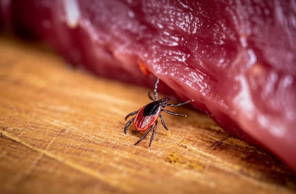 A photorealistic image, 60mm macro lens, high detail, precise focusing, showing a small tick near a piece of red meat on a wooden surface, highlighting the connection between ticks and meat allergy.