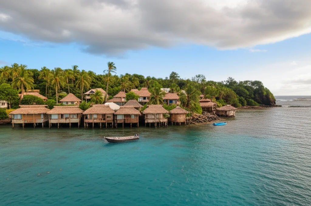A wide-angle landscape photo of a coastal village in Fiji, 10mm wide-angle lens, sharp focus, showing community houses nestled near the sea, suggesting resilience and interconnectedness.