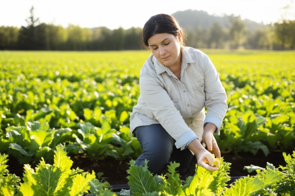 Donna agricoltrice esperta che ispeziona con cura le sue coltivazioni in un campo rigoglioso, luce mattutina diffusa. Obiettivo da 50mm, profondità di campo media per mostrare sia la figura che il contesto agricolo eco-efficiente. L'immagine evoca sostenibilità e competenza femminile nel settore.