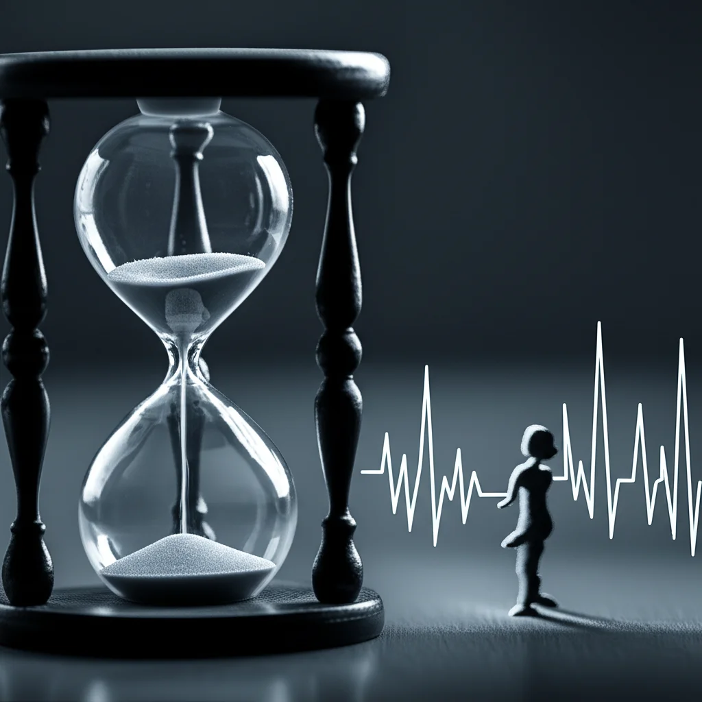 Immagine concettuale che mostra una clessidra con sabbia che scorre accanto a un grafico stilizzato di battito cardiaco e una silhouette umana, simboleggiando il legame tra tempo (sonno) e salute. Luce drammatica, profondità di campo, obiettivo 50mm, toni blu e grigi duotone.