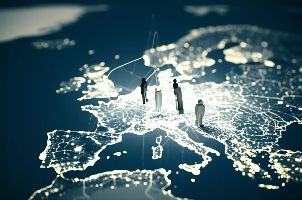 Immagine concettuale che rappresenta la collaborazione scientifica su larga scala: una rete stilizzata di persone e dati genomici che convergono verso un simbolo del cuore illuminato, con una mappa del Sud Europa sullo sfondo. Wide-angle, 18mm, colori blu e argento duotone, focus nitido, a simboleggiare la precisione e l'ampiezza della ricerca medica dello studio CORDELIA.