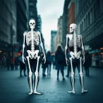 Immagine concettuale di intelligenza artificiale che analizza la posa umana, mostrando scheletri digitali sovrapposti a persone in movimento in un ambiente urbano complesso. Obiettivo prime 35mm, profondità di campo, stile high-tech.
