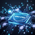 Immagine concettuale di una rete IoT protetta da un avanzato sistema di intelligenza artificiale, con nodi luminosi interconnessi e uno scudo digitale centrale che simboleggia il modello GRU-CNN. Wide-angle, 18mm, long exposure, sharp focus, toni blu e viola intensi per un look tecnologico.