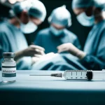 Immagine concettuale di una sala operatoria moderna con un team chirurgico focalizzato su una procedura urologica. In primo piano, una fiala di esketamina e una siringa, simboleggiando la soluzione al problema dell'erezione intraoperatoria. Prime lens, 24mm, depth of field, illuminazione drammatica.