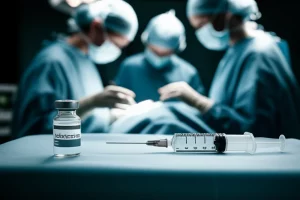 Immagine concettuale di una sala operatoria moderna con un team chirurgico focalizzato su una procedura urologica. In primo piano, una fiala di esketamina e una siringa, simboleggiando la soluzione al problema dell'erezione intraoperatoria. Prime lens, 24mm, depth of field, illuminazione drammatica.