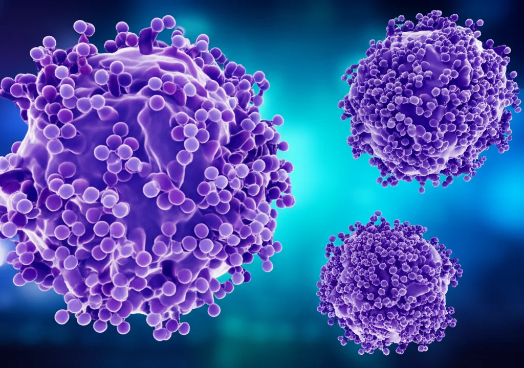 Immagine concettuale fotorealistica che mostra molecole dell'enzima L-asparaginasi (rappresentate come strutture proteiche complesse) che interagiscono con cellule cancerose stilizzate in un ambiente di laboratorio. L'illuminazione è controllata, con possibili duotoni blu e viola per suggerire un contesto scientifico/medico, alta definizione dei dettagli molecolari e cellulari.