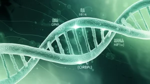 Immagine concettuale sulla ricerca sul cancro al seno. Elica di DNA stilizzata intrecciata con rappresentazioni astratte di proteine (CIRBP, HIF1α) su sfondo di strutture cellulari e deboli vasi sanguigni. Lente prime 35mm, profondità di campo, duotono sofisticato verde acqua e oro.