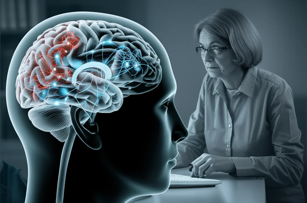 Immagine fotorealistica di un cervello umano stilizzato, con una parte che mostra connessioni neurali integre e un'altra che evidenzia aree danneggiate o disconnesse (rappresentanti il Multiple-Demand System). Sullo sfondo, una persona anziana che svolge con difficoltà un compito che richiede multitasking, come cucinare mentre parla al telefono. Obiettivo prime 35mm, profondità di campo per mettere a fuoco il cervello in primo piano, toni blu e grigi duotone per un'atmosfera seria ma informativa.