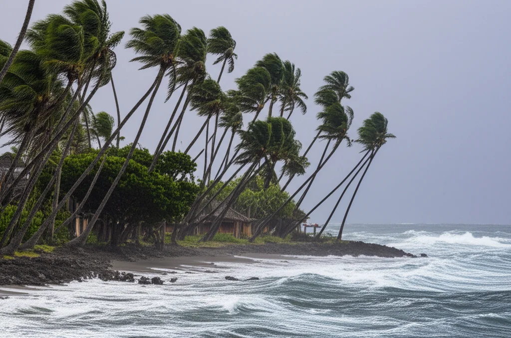 Immagine fotorealistica di un'onda di piena che si avvicina a un villaggio costiero delle Fiji, con palme piegate dal vento e cielo tempestoso, obiettivo teleobiettivo zoom 200mm, alta velocità dell'otturatore per catturare il movimento dell'acqua, illuminazione drammatica.