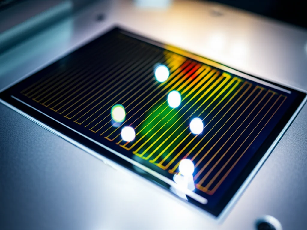Immagine fotorealistica, scattata con lente prime 35mm, di una cella solare tandem perovskite/silicio di ultima generazione, illuminata da luce solare simulata in un ambiente di laboratorio high-tech. La messa a fuoco è sulla superficie della cella, mostrando dettagli della texture e riflessi che suggeriscono alta efficienza e tecnologia avanzata. Profondità di campo ridotta per enfatizzare la cella.