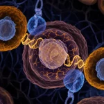 Macro lens, 60mm, high detail, controlled lighting: An abstract visual representing the complex interplay between immune cells, cellular metabolism, and DNA structure.