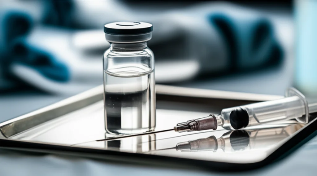 Primo piano di una fiala di prometazina e una siringa su un vassoio medico sterile, con sfondo sfocato di una sala di preparazione pre-operatoria. Illuminazione da studio precisa, macro lens 100mm, alta definizione dei dettagli del vetro e del liquido trasparente del farmaco.