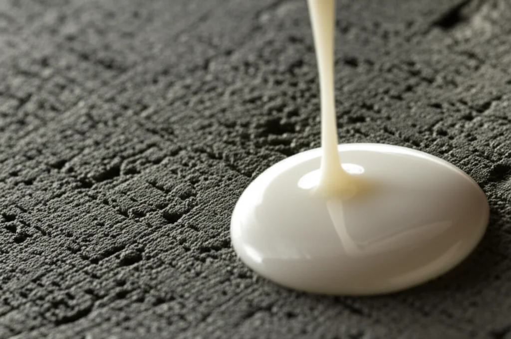 Un campione di calcestruzzo modificato con lattice di gomma naturale, con una goccia di lattice bianco che cade su di esso, illuminazione da studio precisa e controllata, obiettivo macro 90mm, alta definizione della texture superficiale del calcestruzzo e della viscosità del lattice, sfondo neutro.