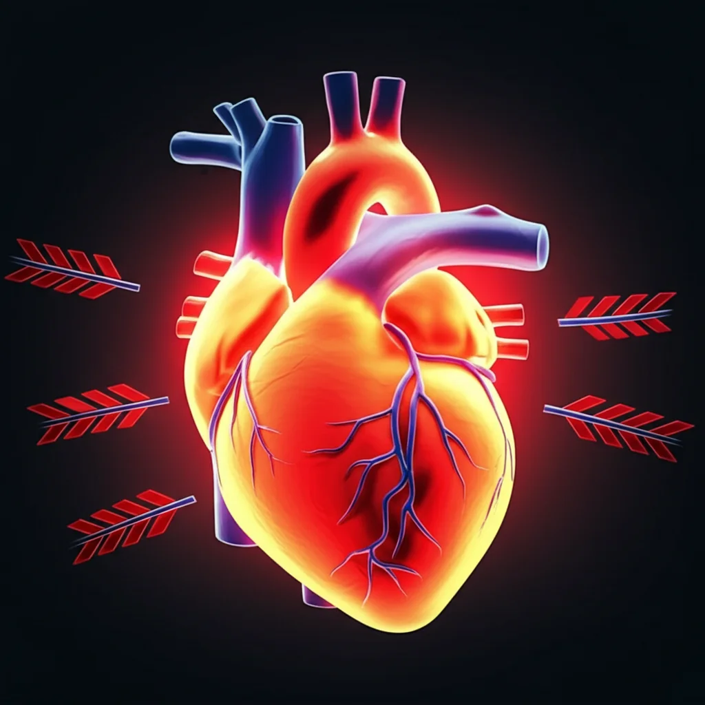 Un cuore anatomico stilizzato, luminoso e vibrante, con delle frecce che indicano un flusso positivo e rinnovato, simboleggiante la ripresa della vitalità e della salute sessuale post-intervento. Macro lens, 60mm, high detail, illuminazione controllata su sfondo scuro per far risaltare il cuore.