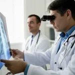 Un medico specialista esamina con attenzione una radiografia della colonna vertebrale lombare di un paziente, illuminata da un negatoscopio. L'ambiente è uno studio medico moderno e pulito. Obiettivo prime 50mm, profondità di campo per mettere a fuoco il medico e la lastra, con lo sfondo leggermente sfocato.