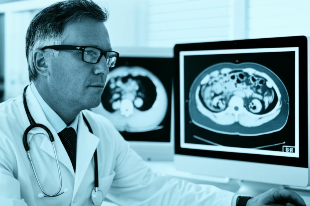 Un medico urologo esamina attentamente una scansione TC di un calcolo renale su un monitor ad alta risoluzione, con un'espressione concentrata. L'immagine è un ritratto con obiettivo da 35mm, utilizzando una palette di colori duotone blu e grigio per un effetto cinematografico, con una leggera profondità di campo per mantenere il focus sul medico e sullo schermo.